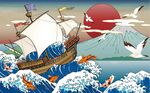 浮世绘大海帆船日本料理背景墙
