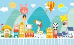 儿童都市风光插画背景墙