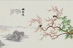 工笔花鸟山水情中式背景墙