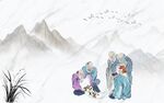 兰花老翁新中式山水背景墙