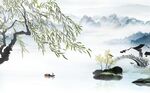 江南柳树中式山水电视背景墙