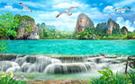 海滩流水生财背景墙