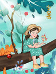 小暑节气插画坐在树上的小女孩