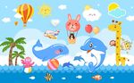 卡通夏日海边海豚戏水背景墙