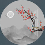 新中式手绘梅花山水圆形装饰画