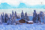 雪景雪松房子唯美手绘插画背景
