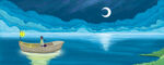 月光湖面小船插画