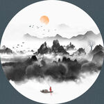 新中式抽象水墨山水圆形装饰画