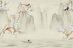 水墨山水手绘玉兰花卉中式壁画图