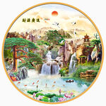 迎客松流水生财圆形装饰画