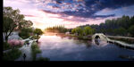 黄昏树林水景