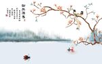 新中式山水花鸟电视背景墙