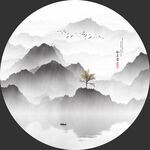 圆形水墨山水画