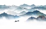 新中式简约意境蓝色水墨山水
