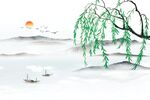 手绘柳树山水背景墙