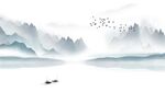 水墨山水飞鸟远山渔船意境背景