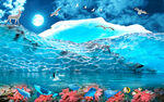 海底世界冰山可爱海豚背景墙
