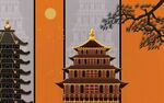 新中式线描古建筑背景墙    