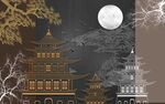 新中式线描古建筑背景墙    