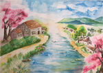 水彩山村