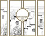 中式水墨徽派建筑边框远山背景
