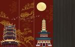 新中式线描古建筑背景墙