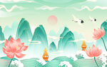 中国国潮风格古风山水插画