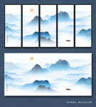 蓝色水墨山水画