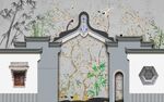 新中式建筑花鸟竹子背景墙 