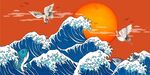 新中式浮世绘大海仙鹤背景墙