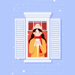 雪中窗户女孩插画