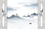 新中式山水画背景墙 小船