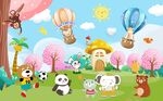 卡通动物乐园桃花林背景墙