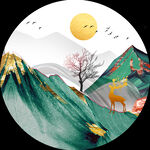 新中式山脉麋鹿风景画圆形挂画