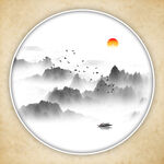 圆形新中式水墨山水装饰画挂画