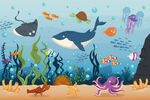 手绘海底卡通鲸鱼海洋动物背景墙