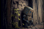 可怜的末日废墟的木头机器人