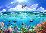 海底世界水彩画儿童背景墙