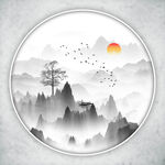 圆形山水画禅意水墨画 