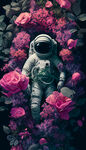 宇航员粉色花丛