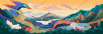 国潮风山水复古插图墙绘装饰画