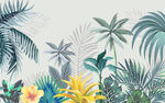 淡雅热带植物森林卧室背景墙