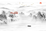 新中式黑白山水瀑布国画背景墙