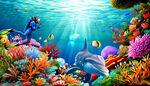 海底世界海洋馆热带鱼海豚背景墙