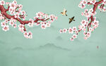 新中式工笔花鸟桃花背景墙装饰画
