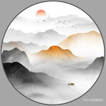 圆形水墨山水画