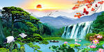 迎客松流水生财瀑布山水画