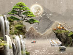 石来运转山水迎客松挂画