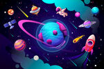 卡通太空星球宇宙星空火箭背景墙