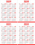 2029年至2032年日历